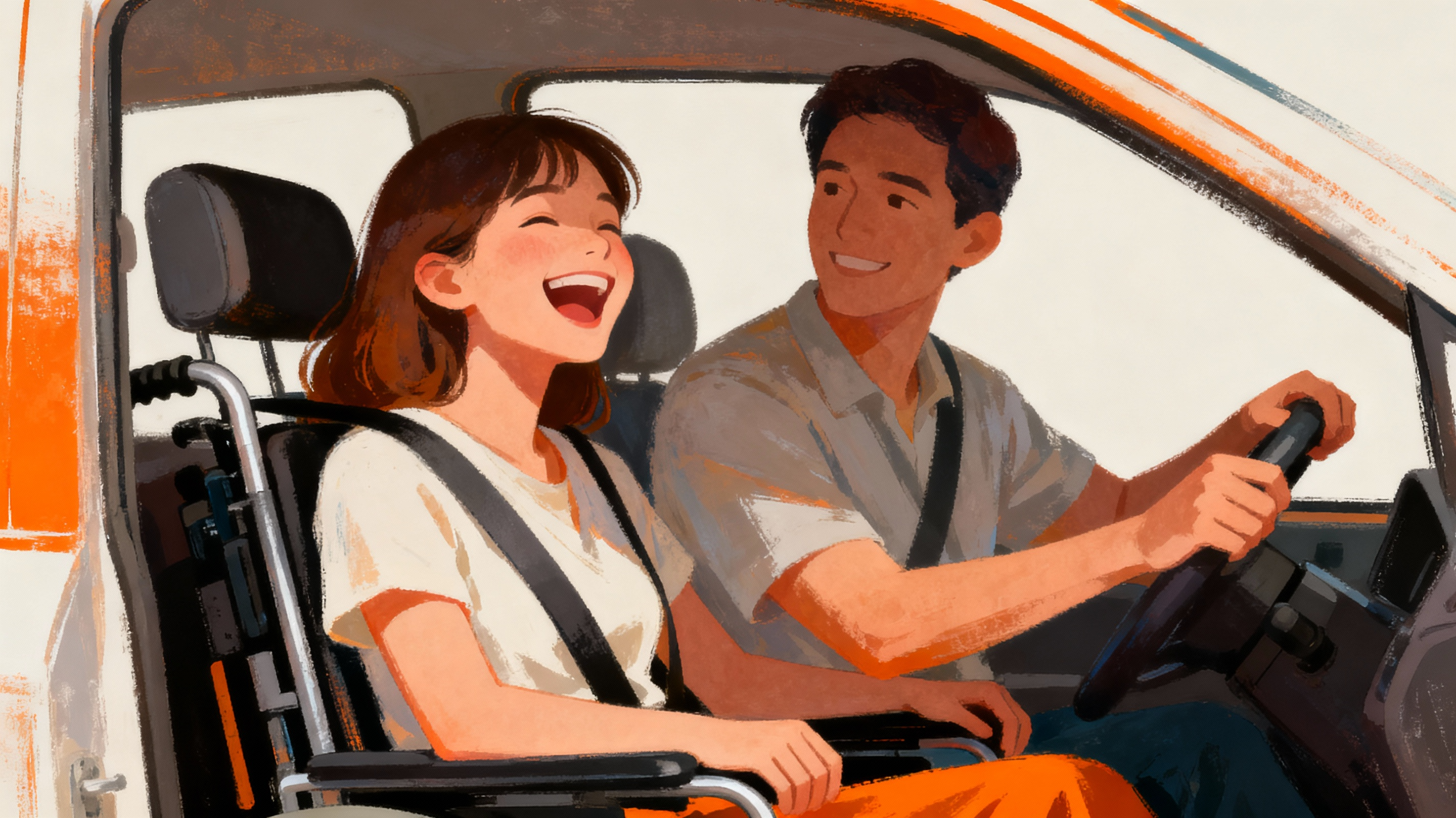 Fahrer und lachende Frau im Rollstuhl im Fahrzeug – mobilero Fahrdienst